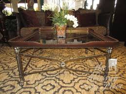 Glass Top Coffee Table On A Metal Base With Dark Leather Trim So Handsome The Nailhead Studs Along The T Leather Coffee Table Coffee Table Metal Coffee Table