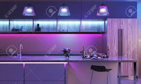 Modern Kitchen With Colored Led Lights Light Strip In Blue Color Stock Photo Picture And Royalty Free Image Image 132031320