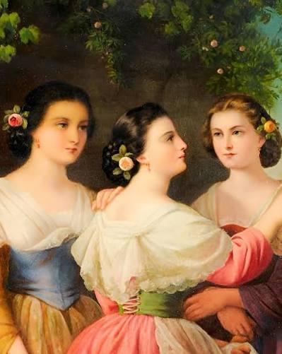 Portrait of three sisters with a castle background painted by Caroline Bardua who painted this in the late 1850s early 60s…she died in 1864 aged 83.