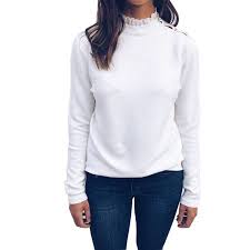 Casual Long Sleeve Lace Round Collar Shoulder Buckle Pullover T Shirt Blouse Tops 2018 Women T Shirt