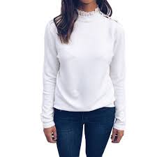 casual long sleeve lace round collar shoulder buckle pullover t shirt blouse tops 2018 women t shirt