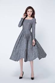 Gray Dress Formal Linen Dress For Women Fit And Flare Dress Etsy Fit And Flare Dress Spring Dresses Casual Long Sleeve Dress