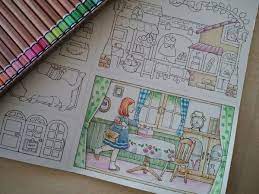 完成 ポストカードサイズ塗り絵を透明水彩 色鉛筆で 憧れのお店屋さんより 塗り絵日記 塗り絵 透明水彩 水彩