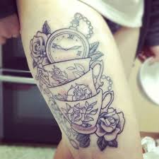 Alice In Wonderland Black And White Tattoos Grey Ink Pocket Watch And Alice In Wonderland Teacup Tattoo On Right Thigh Teacup Tattoo Leg Tattoos Cup Tattoo
