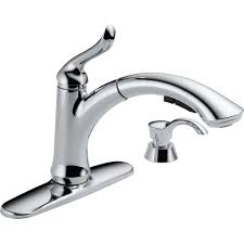 The pull out kitchen faucet is specifically designed for kitchens with small sinks. Delta Linden Single Handle Pull Out Sprayer Kitchen Faucet With Soap Lotion Dispenser In Chrome 4353 Sd Dst The Home Depot
