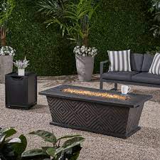 The sleek design of the fire table is accentuated by shiny chrome hardware. Foundry Select Patricia 19 H X 56 25 W Propane Outdoor Fire Pit Table Reviews Wayfair