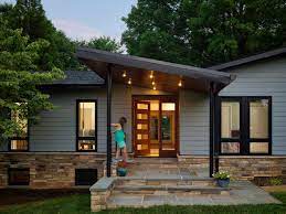 Ranch style homes typically feature asymmetrical floor plans because ranch style homes were inspired by the frontier and great american west, you can instead, use natural wood grain as accents to the siding, such as around window sills and the entryway, as the front door, and as porch posts. Entry Recipe New Focal Point For A 1970s Ranch House