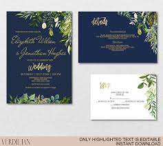 Navy Gold Greenery Wedding Invitation Template Set Green Etsy Green Wedding Invitations Wedding Invitations Printable Templates Wedding Invitation Suite Diy