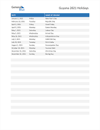 List of dates for other years. Guyana Holidays 2021 In Pdf Word And Excel