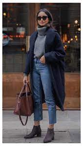 Blue Coat Outfit Navy Boots Bag Jeans Grey Turtleneck Sweater Navy Blue Coat Comfortable Winter Outfits Street Style Outfits Winter Winter Outfits Women