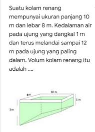 Suatu Kolam Renang Mempunyai Ukuran Panjang 10m Dan Lebar 8m Kedalaman Air Pada Ujung Yang Dangkal Brainly Co Id