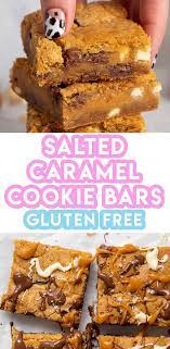 Gluten Free Salted Caramel Cookie Bar Recipe Dairy Free Vegan Option Recipe Cookie Bars Gluten Free Recipes Baking White Chocolate Cookie Bars