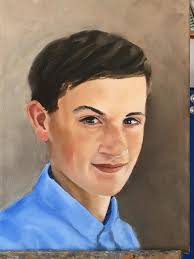 Oil painting a 8x8" canvas board portrait of my grandson