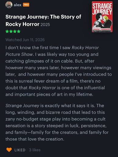 Here are a few Letterboxd Reviews of 'Strange Journey: The Story of Rocky  Horror'. :)