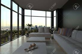 Small room creative tea table in the living room. White Couches And Tables In An Elegant Architectural Living Room With An Overlooking Outside View From Big Glass Windows Stock Photo Picture And Royalty Free Image Image 32892665