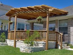 Exterior Backyard Patio Pergola Ideas Design With Wooden Rail Half Fencing On White Stone Like Concrete Floors Cool Attached To House Wood Pergola Plans Pergola Patio Outdoor Pergola Pergola Designs