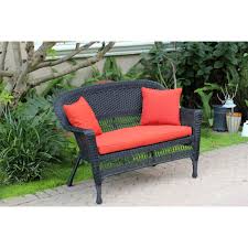 Black Wicker Patio Love Seat With Brick Red Cushion And Pillows