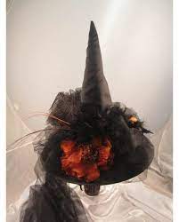 Witches Hat Witch Hat Halloween Witch Costume Shop Feathers Flowers Tulle Black Orange Witch Hat Black Witch Hat Witch Halloween Costume