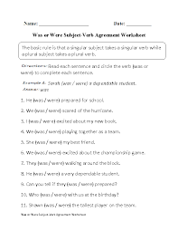 Was Or Were Subject Verb Agreement Worksheet Subject And Verb Subject Verb Agreement Subject Verb Agreement Activities
