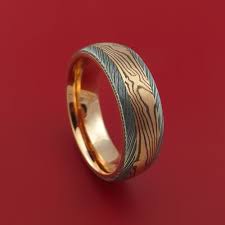Damascus Steel Ring With Rose Gold Mokume And Rose Gold Sleeve Custom Made Band Damascus Steel Ring Mens Jewelry Mens Wedding Bands