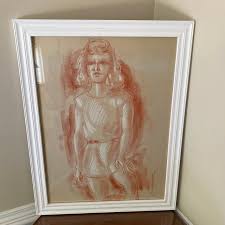 1960s Vintage French Style Woman Portrait Sketch Signed Lyn Gardner, Framed 