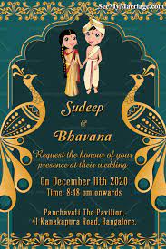 Indian wedding invitation card with couple character and venue details in front and back view. Traditional Kannada Wedding Invitation Card Golden Peacock Designs Seemymarriage