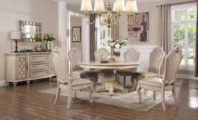 The dining table reflects highly decorative base with oversized scrolled feet our round dining table set with a rich cappuccino finish contributes to an elegant and adaptable design and style. Mcferran D9802 6060 Traditional Antique White Oak Round Dining Table Set 7pcs D9802 6060 Dining Set 7