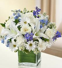 White And Blue September Flower Arrangements Tears Blue White Sympathy Flowers 1 800 Flowers C Funeral Flowers Sympathy Flowers Flower Arrangements