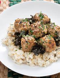 Chicken Meatballs With Braised Kale Spiced Celeriac Mash Recipe Braised Kale Sweet Chicken Celeriac