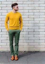 Men S Yellow Crew Neck Sweater Green Chinos Tan Leather Double Monks Dark Brown Sunglasses Sweater Outfits Men Green Pants Men Men Fashion Casual Outfits