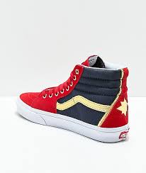 Black And Gold Vans High Tops Vans X Marvel Sk8 Hi Captain Marvel Red Blue White Skate Shoes Zumiez Marvel Shoes Avengers Shoes Marvel Clothes