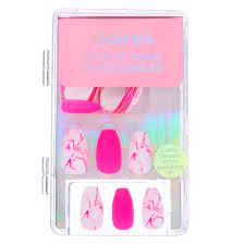 Mixed Neon Matte Marble Coffin Faux Nail Set Pink 24 Pack Claire S Fake Nails Fake Nails With Glue Fake Nails For Kids