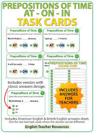 Esl Task Cards Prepositions Of Time At On In Prepositions Task Cards Esl