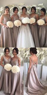Simple Gray Satin Long V Neck Bridesmaid Dresses With Sheer Back Bridesmaid Dresses Satin Bridesmaid Dresses Elegant Bridesmaid Dresses