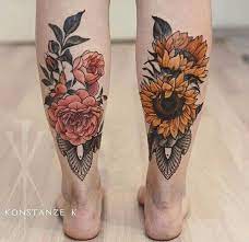 Matching Floral Tatto Calves Roses Sunflowers Tattoos Leg Tattoos Calf Tattoo