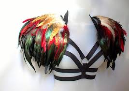 Black Bird With Orange Shoulders Red Feather Epaulettes Body Harness Multicolor Festival Tribal Etsy Body Harness Burning Man Burning Man Outfits