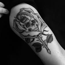 Black And Gray Skull And Rose Tattoo Healed Black And Grey Skull And Rose Mash Up Inner Arm Bicep Tattoo By Nate Fierro Inner Bicep Tattoo Tattoos Body Art Tattoos