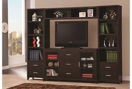 Contemporary, modular, and wall mounted living room furniture, including sideboards, entertainment units, and bookcases. Coaster Entertainment Units Cappuccino Entertainment Wall Unit Standard Furniture Wall Unit