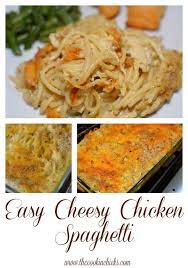 Easy Cheesy Chicken Spaghetti Casserole The Cookin Chicks Recipe Cheesy Chicken Spaghetti Yummy Pasta Dish Chicken Spaghetti Casserole