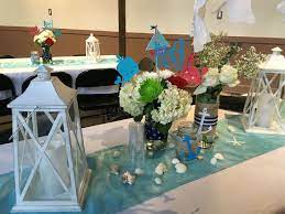 Celebrate the baby on board with kate aspen's nautical baby shower collection. Nautical Baby Shower Table Decorations With Lanterns Fresh Flowers In Mason Jars Nautical Table Decor Table Decorations Nautical Centerpiece Ideas
