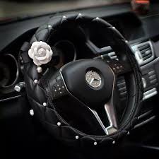 Black And White Steering Wheel Cover Luxury Vegan Leather Steering Wheel Cover With Camellia Steering Wheel Cover Girly Car Accessories Sports Cars Luxury