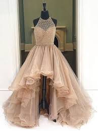 Dramatic A Line Champagne Prom Dress Halter Sleeveless High Low Beading Prom Dresses For Teens Prom Dresses Ball Gown Prom Dresses