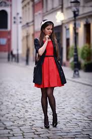Globed Black Coat Red Dress Black Stockings And High Heels As First Seen On Blog Help I Have Nothing To Wear Dress With Stockings Fashion Tights Fashion