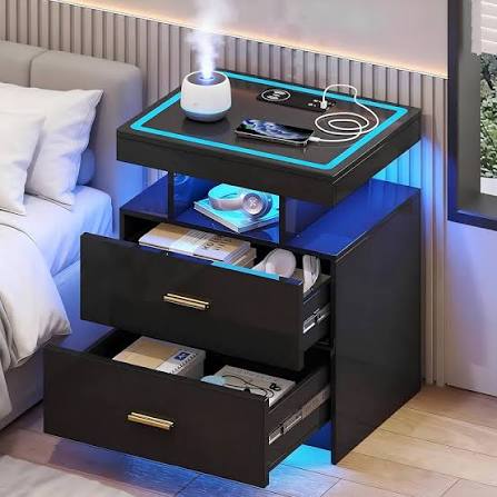 Amazon.com: Glass Top LED Nightstand with Wireless Charger Station & Auto Sensor, Black | 3-in-1 USB & Type-C Charging Station, Human Body Induction, 3 Dimmable Lights, Drawers with Metal Rails, 3 Open