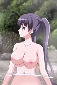 kosaka iori, eroge! h mo game mo kaihatsu zanmai, absurdres, highres,  1girl, breasts, large breasts, long hair, looking to the side, navel,  nipples, nude, onsen, purple eyes, red eyes, smile, solo, twintails,