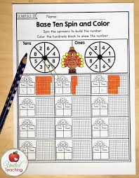 Double Digit Place Value And Base Ten Blocks No Prep Math Worksheet Spin The Spinner Thanksgiving Math Worksheets Thanksgiving Math Activities Math Worksheets