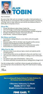 Leaflet from Alan Tobin -Fine Gael -Ashbourne -2014 Local Elections