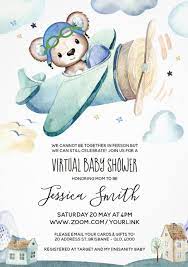 Teddy Bear Airplane Virtual Baby Shower Invitation Zazzle Com Baby Shower Invitations For Boys Virtual Baby Shower Virtual Baby Shower Invitation