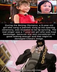 During summer in 2008 in beijing. F 4 During The Beijing Olympics A 9 Year Old Girl Who Sang A Patriotic Song At The Opening Ceremony Was Revealed To Be Lip Syncing The Real Singer Was A 7 Year Old Girl Who