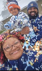 Us in our Bluey gear for the snow today❄️🩵